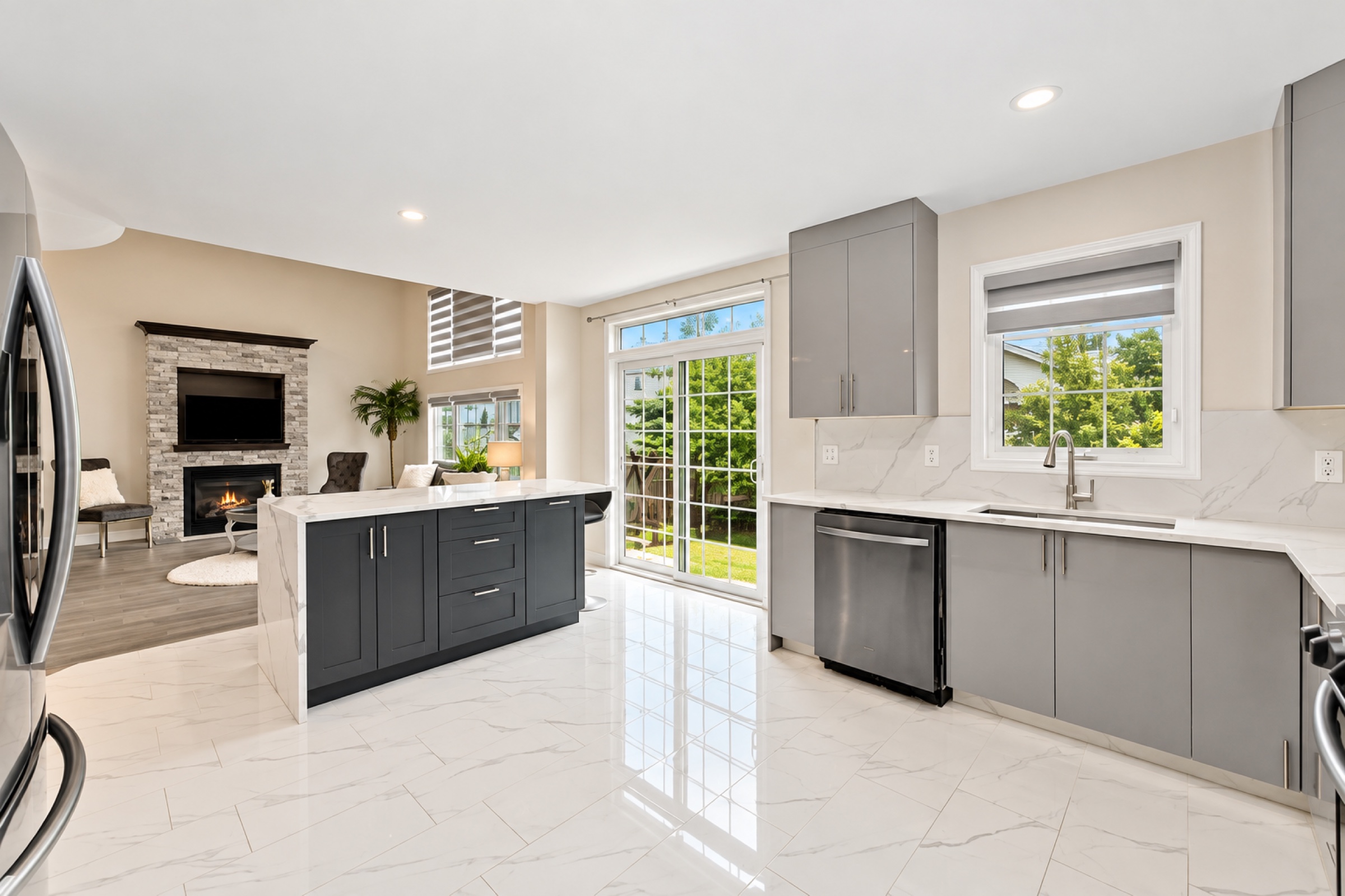Open kitchen and living area with natural light and a patio view