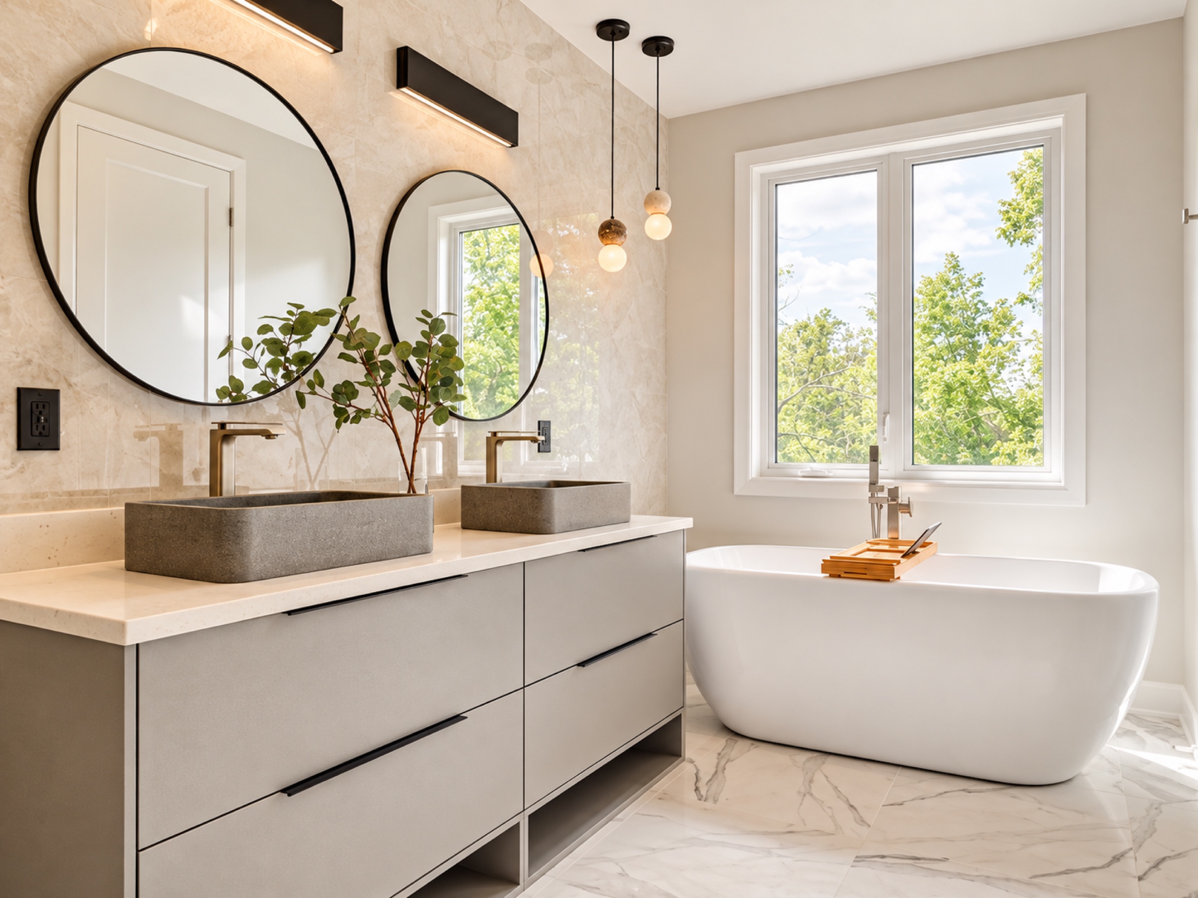 Bright family bathroom with a double vanity and freestanding tub