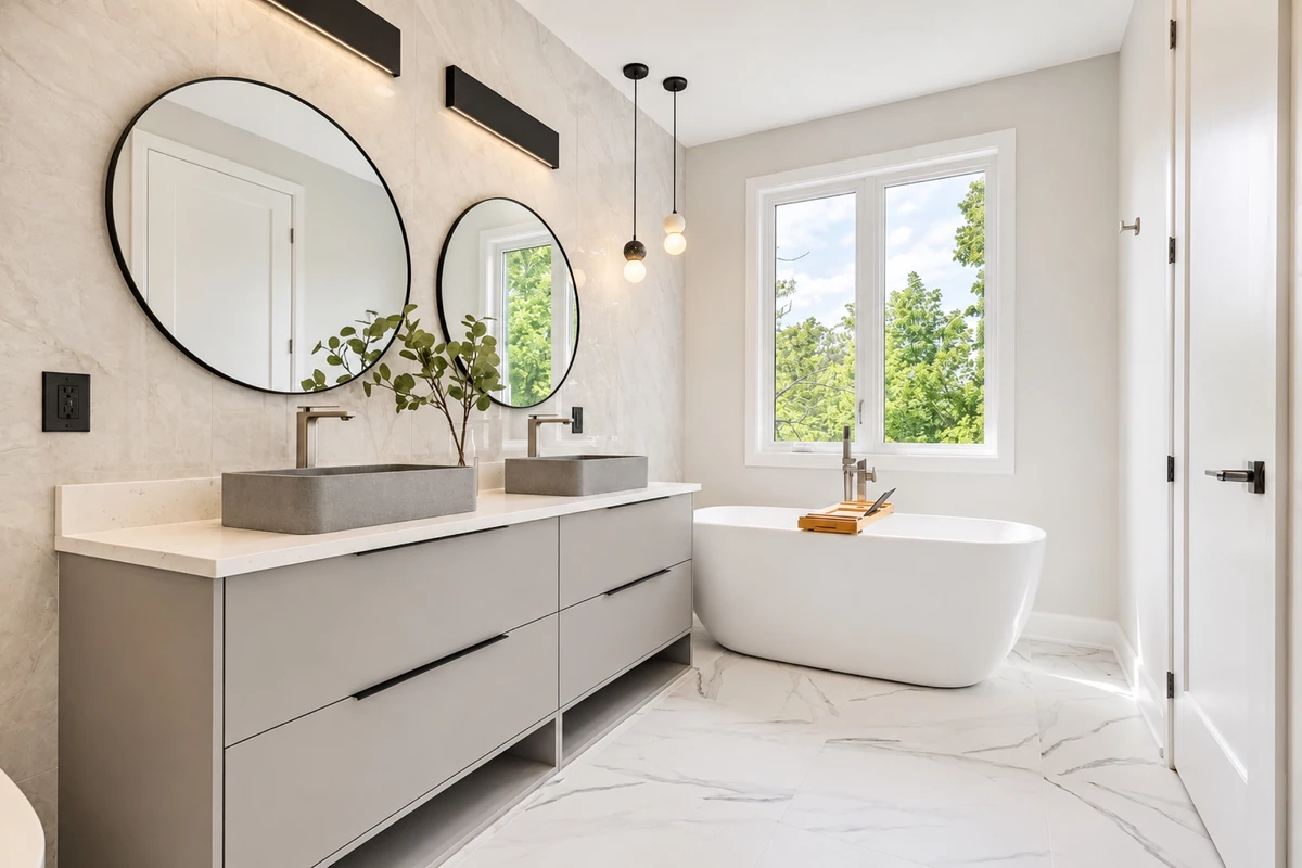 Renovated Ottawa bathroom with patterned tile floor and a navy vanity