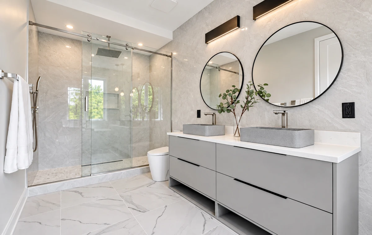 Bright renovated bathroom with a glass shower and floating double vanity