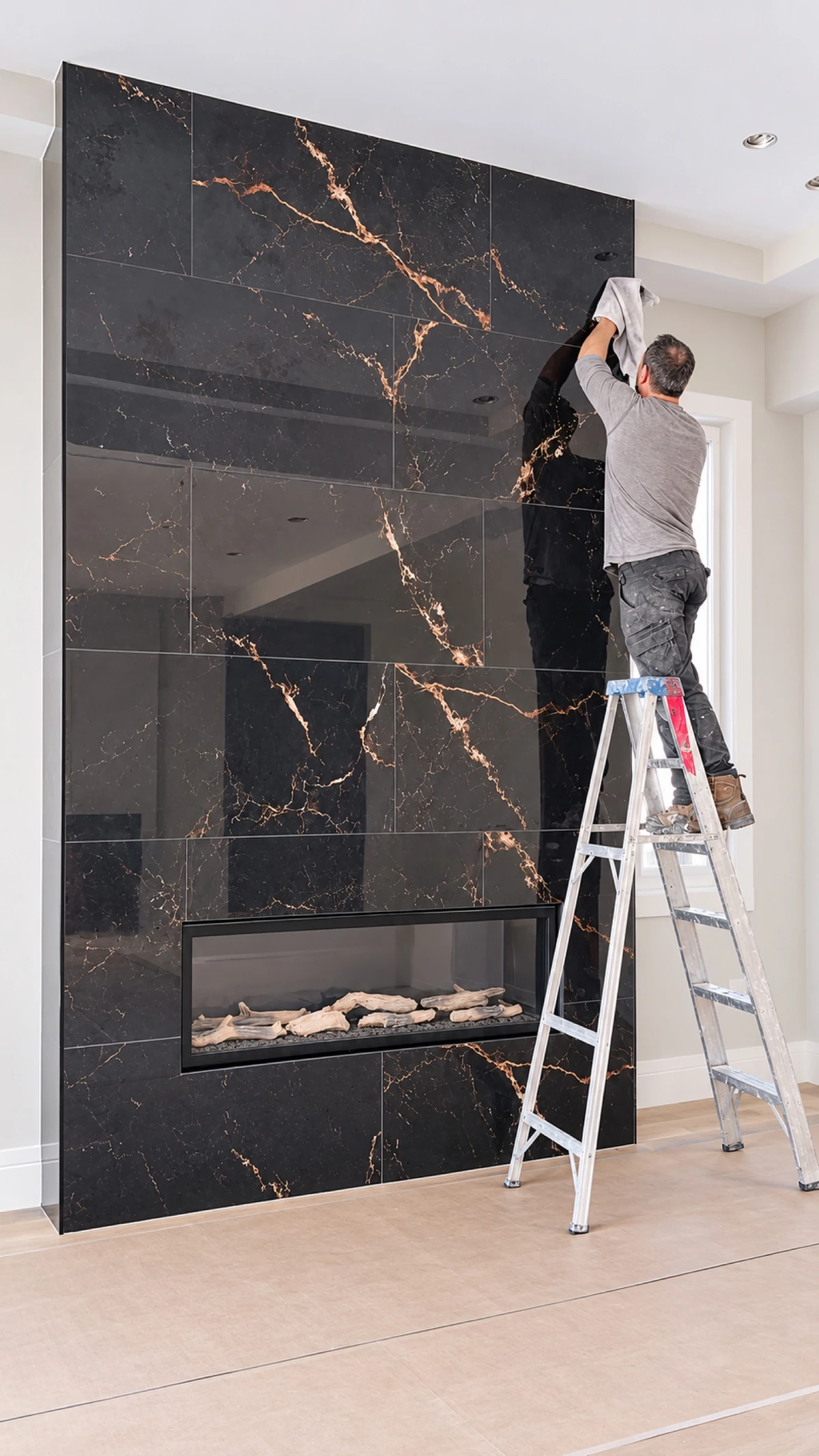 Renovation professional completing a detailed fireplace tile installation