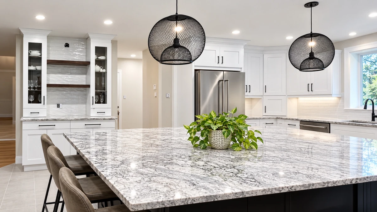 White Ottawa kitchen with a large island, black pendant lights and custom cabinetry
