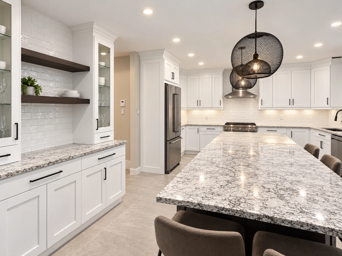 Custom white kitchen cabinetry and island viewed from the millwork wall