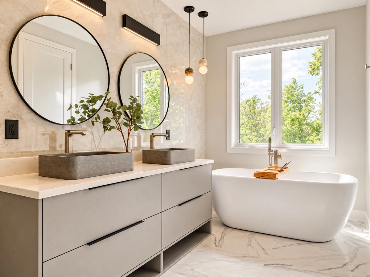 Family bathroom with a double vanity and freestanding tub