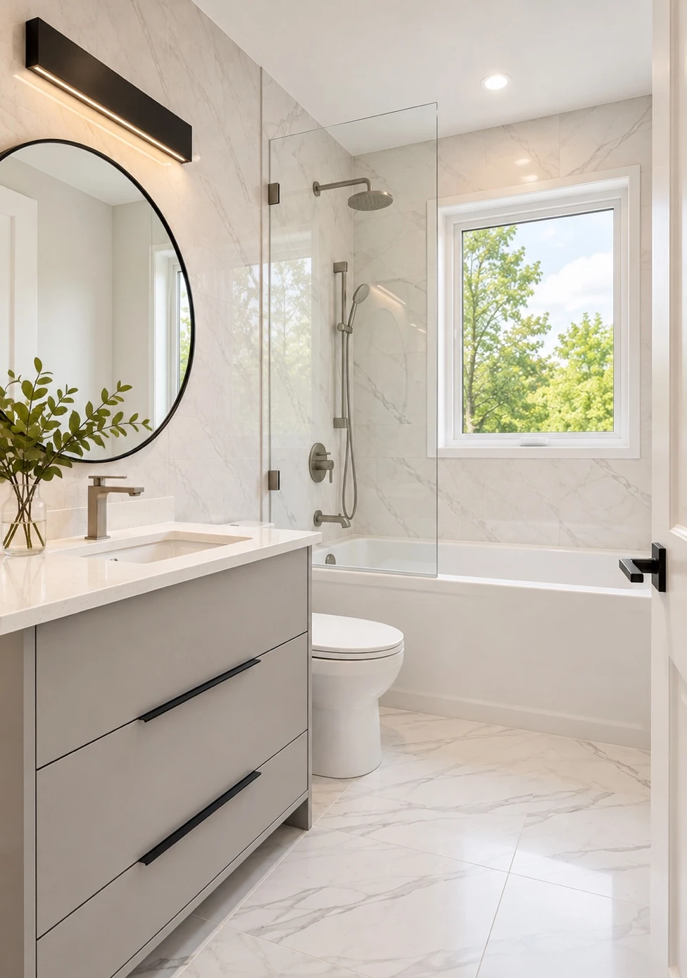Bright family bathroom with an alcove tub, glass screen and grey floating vanity