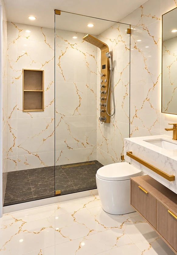 Modern ensuite with a glass walk-in shower, dark vanity and warm metal fixtures