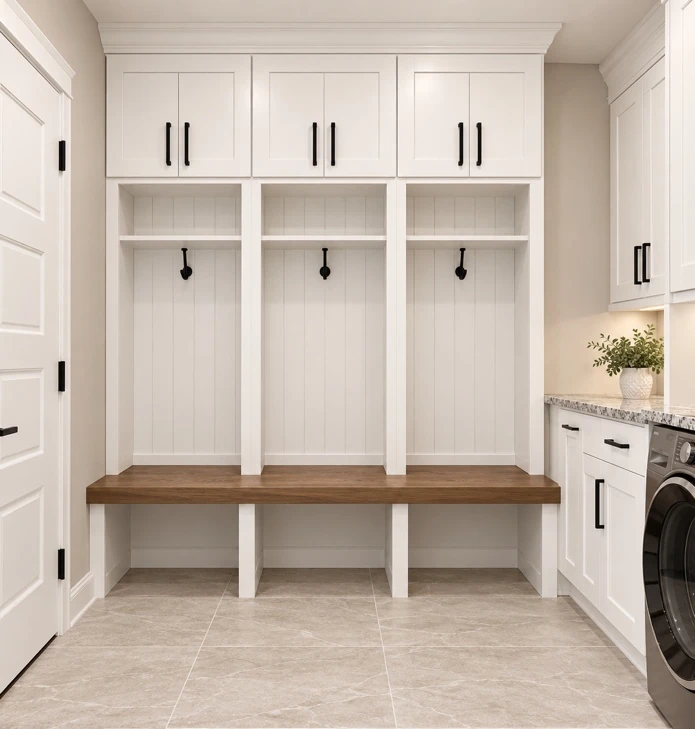 Custom mudroom with white lockers, bench storage and pale tile flooring