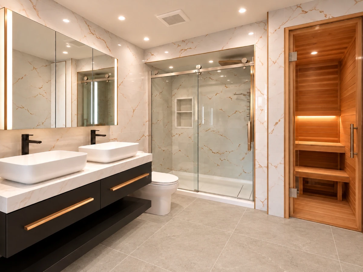 Primary bathroom with black floating vanity, grey tile floor and sauna