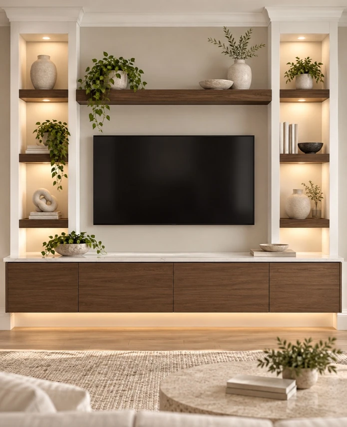 Custom living-room millwork with illuminated shelves and floating cabinetry